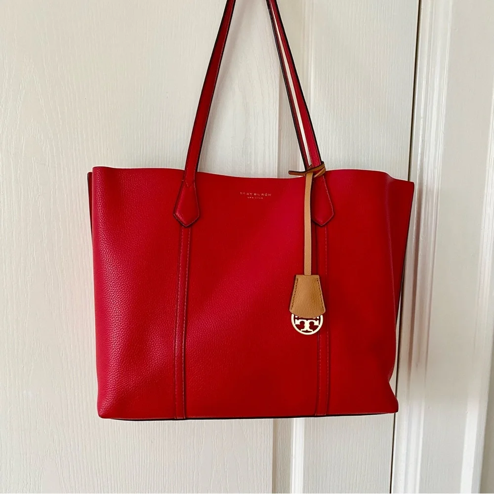 Tory Burch Perry Red Pebble Leather Triple Compartment Tote/Shoulder Bag - Picture 2 of 16